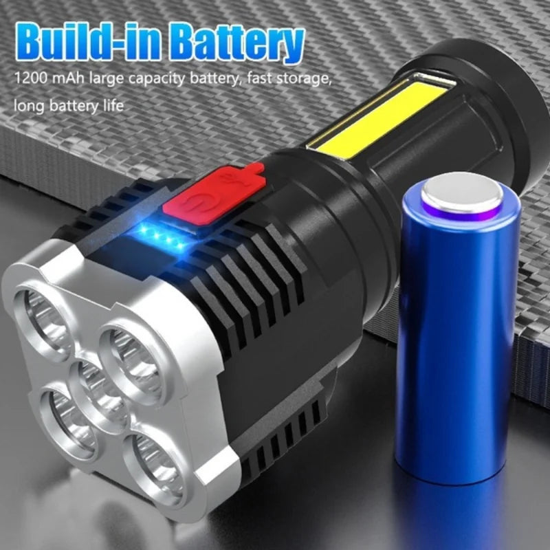 ABS Waterproof 5 LED Military Flashlight - USB Charging 4 COB Modes For Outdoor